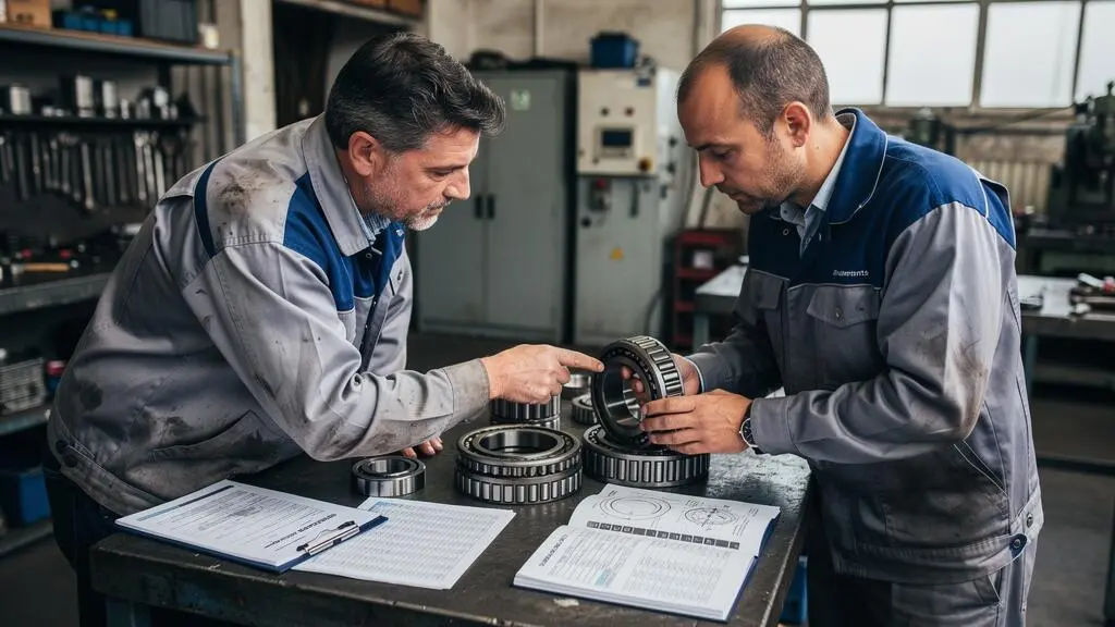Deux professionnels en tenue de travail discutant de spécifications techniques de roulements dans un atelier industriel