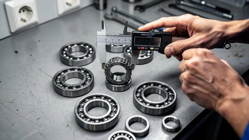 Technicien utilisant un pied à coulisse numérique pour mesurer un roulement à billes sur une table de contrôle qualité