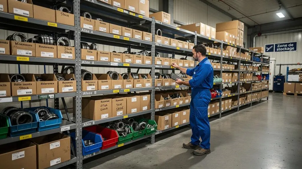 Technicien vérifiant l'inventaire de roulements industriels dans une zone de stockage organisée avec étagères métalliques