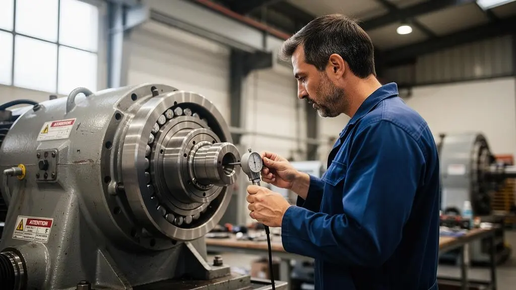 Technicien de maintenance inspectant un roulement à billes monté sur une machine industrielle dans un atelier