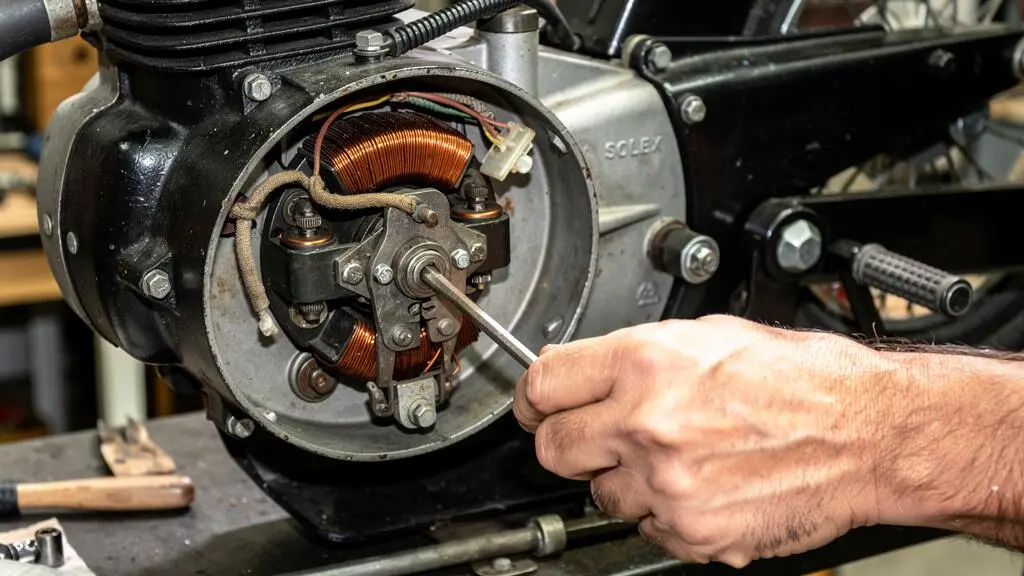 Inspection des composants du système d'allumage d'un moteur Solex 3800 avec tournevis