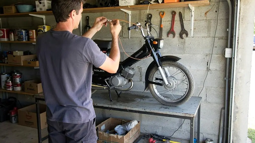 Test d'étincelle de la bougie d'allumage d'un Solex 3800 dans un garage amateur